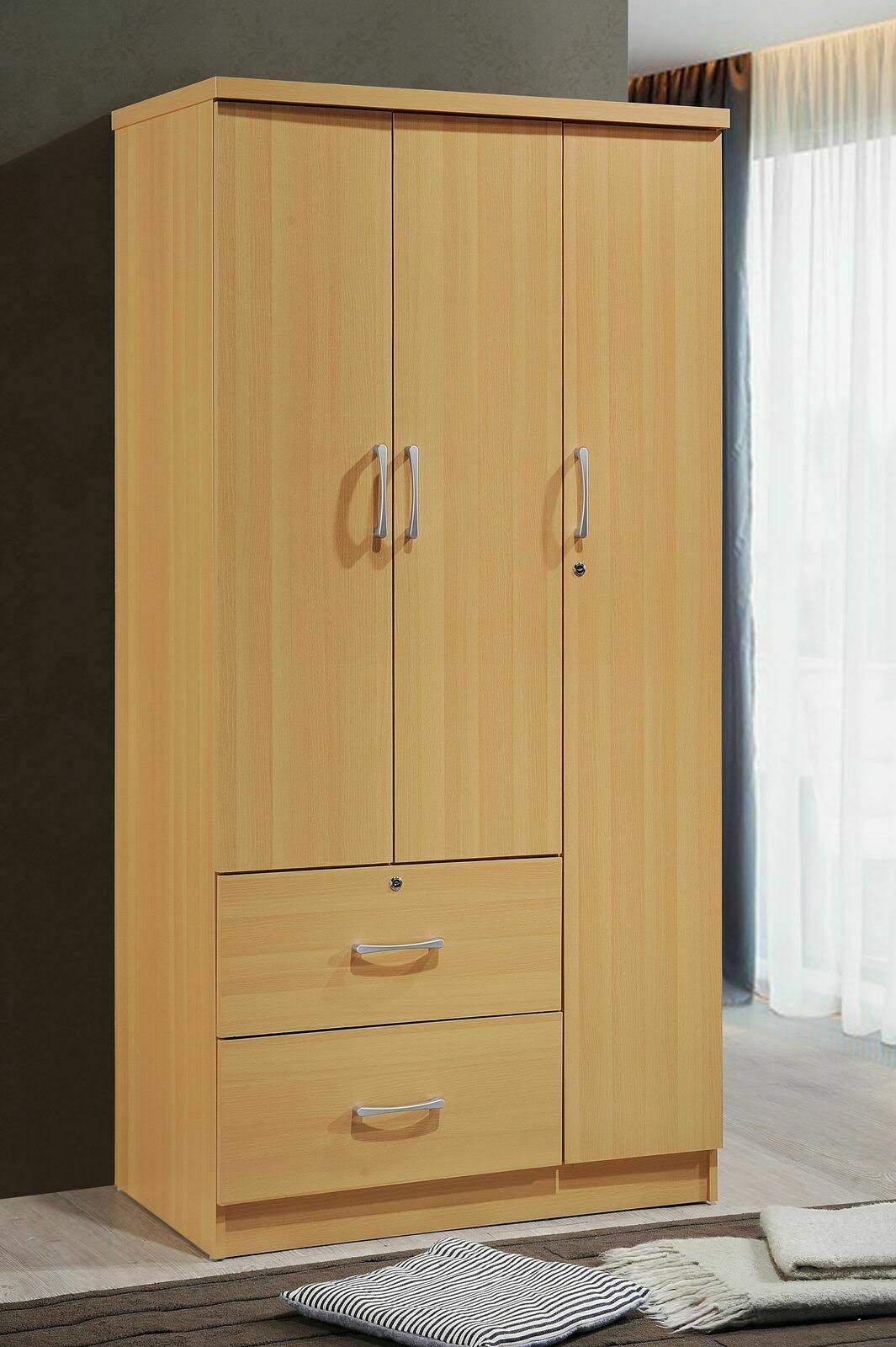 Light Brown 3-Door 2-Drawer Wardrobe Cabinet A5639