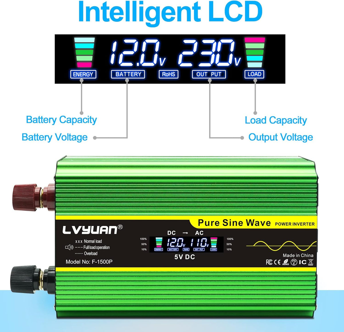 Pure Sine Wave Inverter 500 Watts 12V to 110V DC to AC with Dual AC Sockets and Dual USB Ports H695