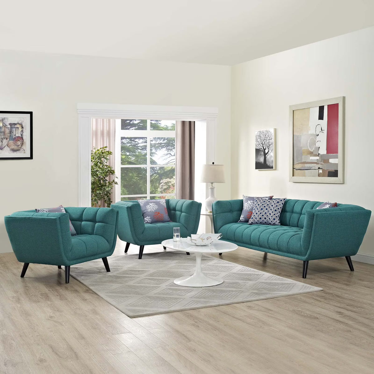 Teal 3 Piece Upholstered Fabric Sofa and Armchair Set Y61820
