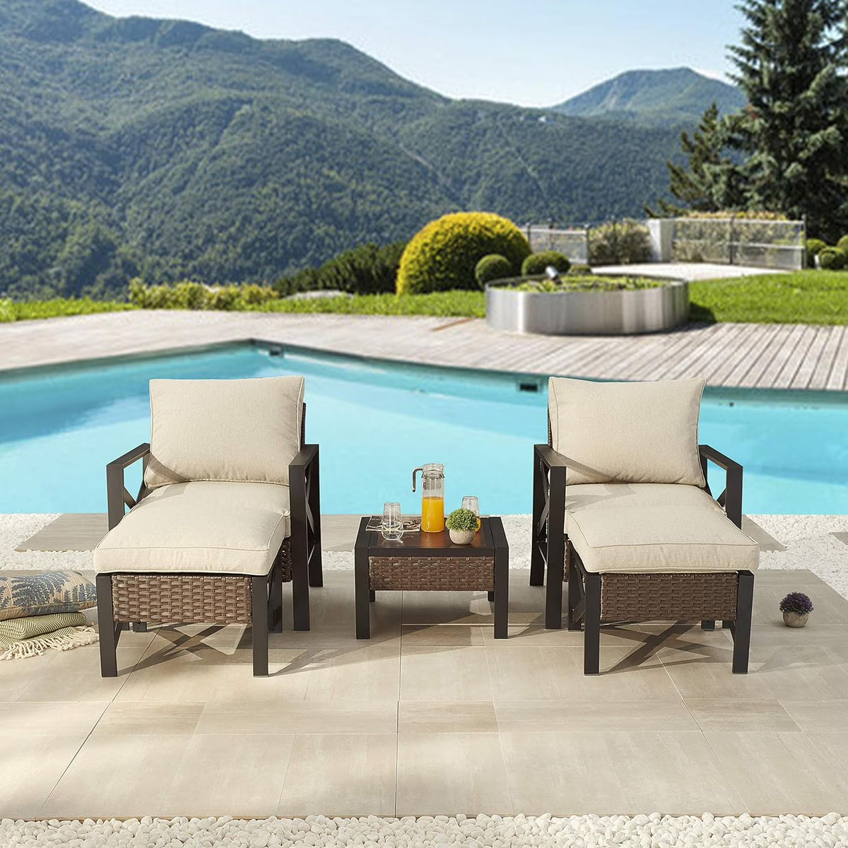 5 Piece Outdoor Wicker Conversation Sofa Set with Cushion and Coffee Table D362