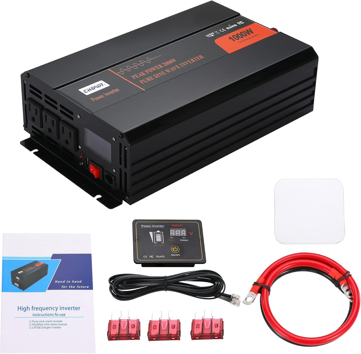 1000W Pure Sine Wave Power Inverter DC 12V to AC 120V with LCD Display Remote Control USB Port Z892564