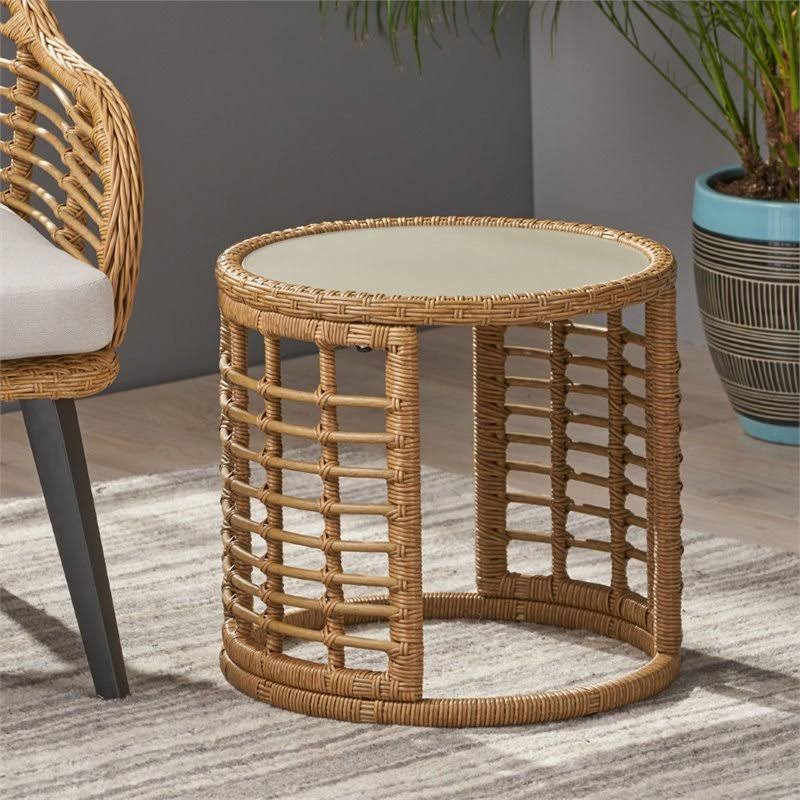 Tempered Glass Top Wicker Side Table in Light Brown B1941