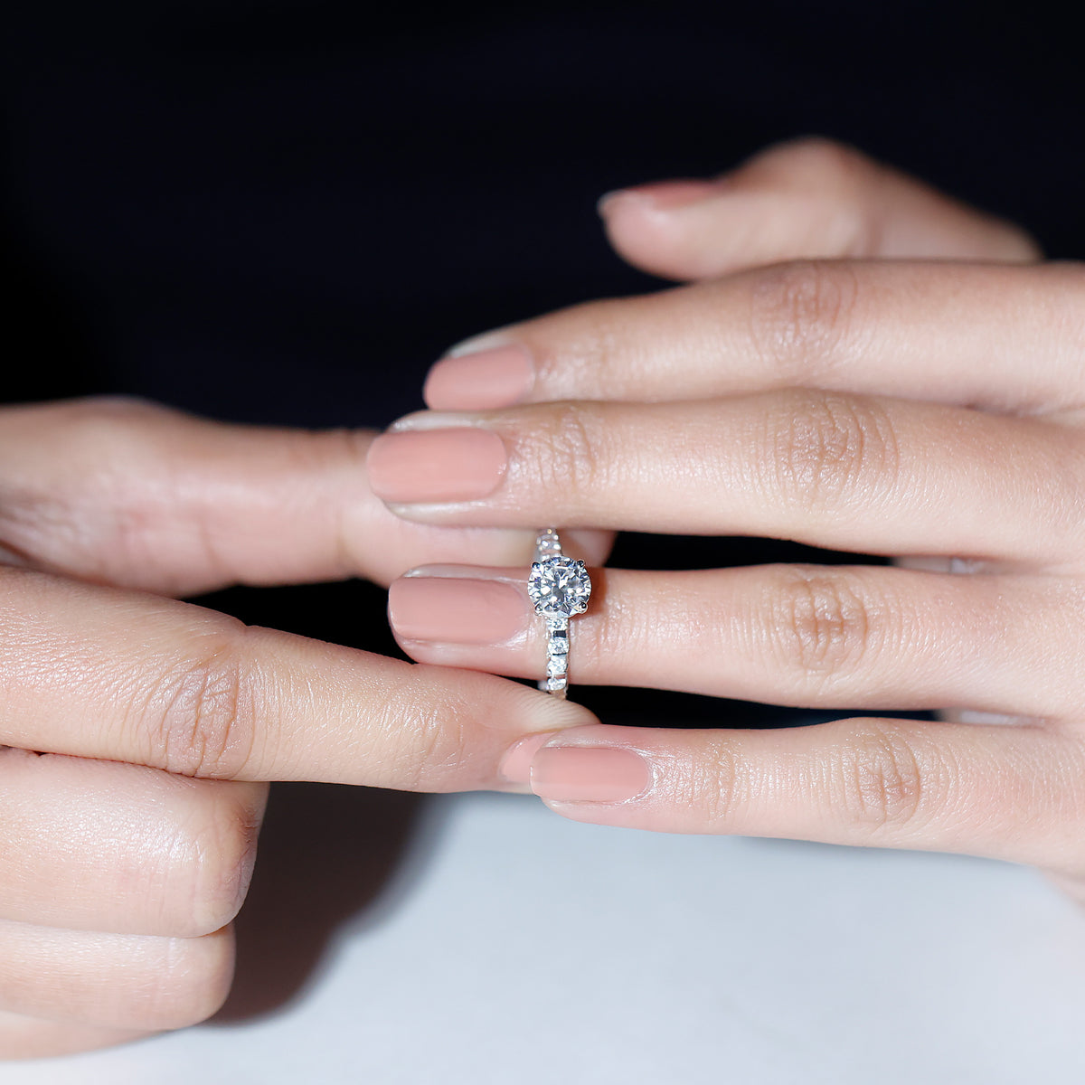 14K White Gold Moissanite Solitaire Engagement Ring with Side Stones L915543