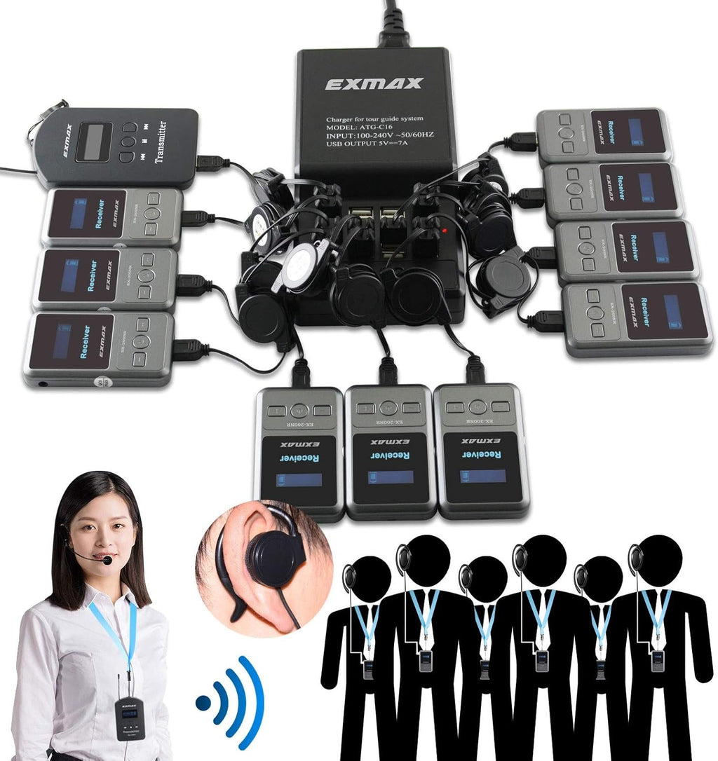 UHF Wireless Tour Guide Translation System, 200 Channels, 1 Transmitter & 10 Receivers & 16-port USB Charge Station C12099