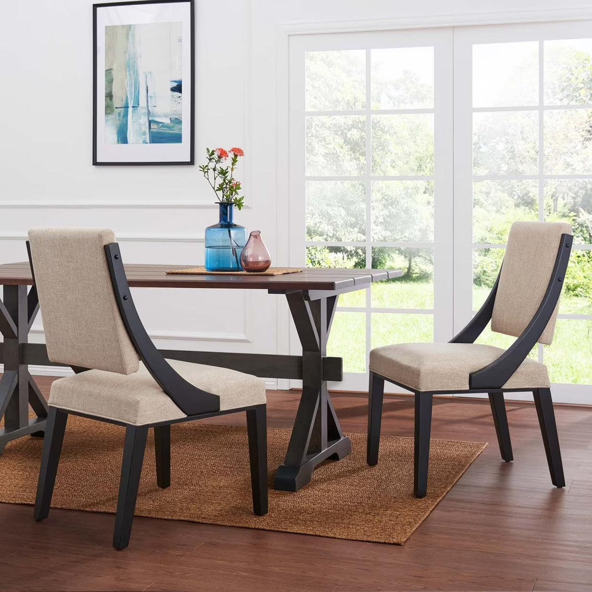 Beige Solid Wood and Fabric Dining Chairs Set of 2 O322