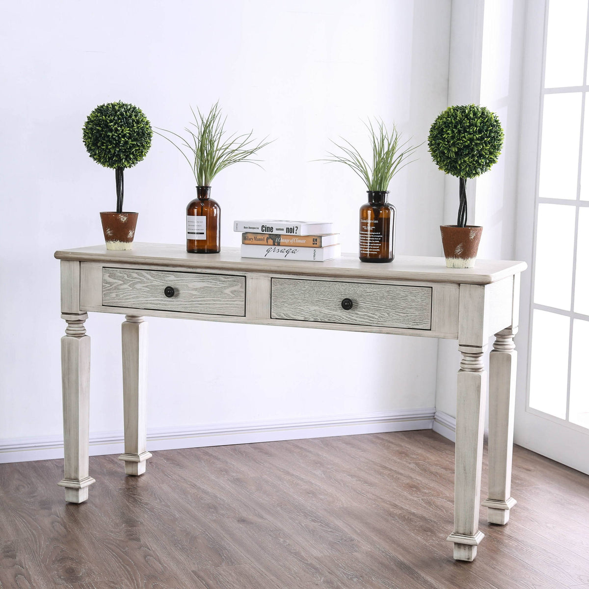 White 52-Inch Solid Wood 2-Drawer Sofa Table X144057