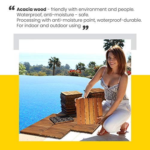 Interlocking Deck Tile (Pack of 10, 12"x12") Acacia Hardwood Patio Tile in Solid Acacia Wooden Oiled Finish Waterproof Golden Teak Color T835