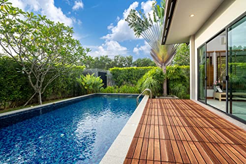 Interlocking Deck Tile (Pack of 10, 12"x12") Acacia Hardwood Patio Tile in Solid Acacia Wooden Oiled Finish Waterproof Golden Teak Color T835