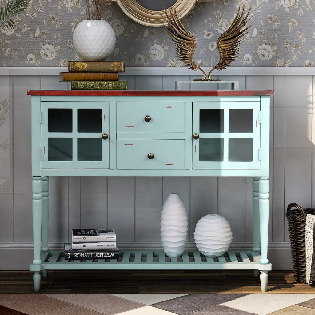Antique Navy Console Table with Glass Doors and Drawers Z9848