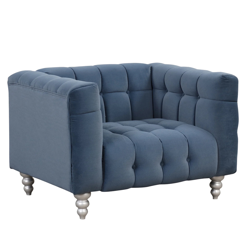 Blue Buttoned Tufted Sofa with Solid Wood Legs G79277