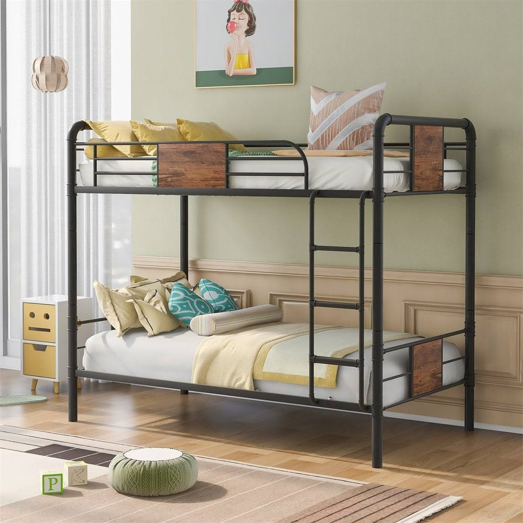 Black Metal and Wood Twin Over Twin Bunk Bed L7901