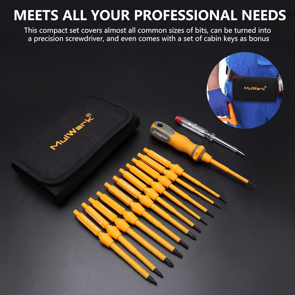 20-in-1 1000V Insulated Screwdriver Set, 12-Pcs Magnetic Phillips Slotted Square Torx Screwdriver, 4-Pcs Cabinet Utility Key & Tool Bag T780