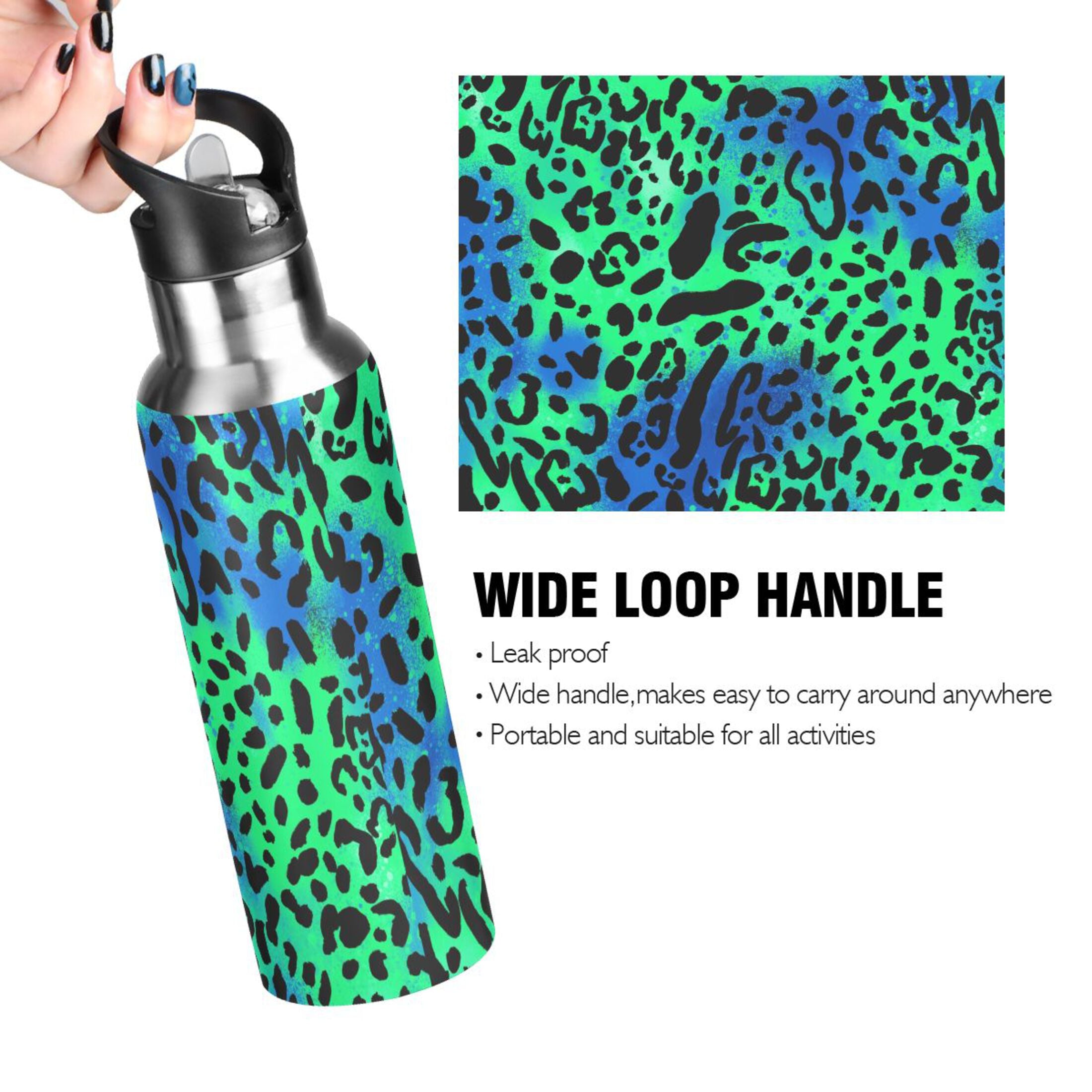 Green Blue Leopard 20 OZ Vacuum Insulated Stainless Steel Water Bottle with Straw Lid Z38404