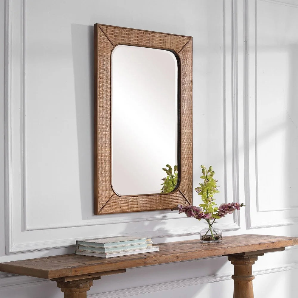 28 inches W X 42 inches H Rectangular Mirror with Woven Rattan Frame L4213