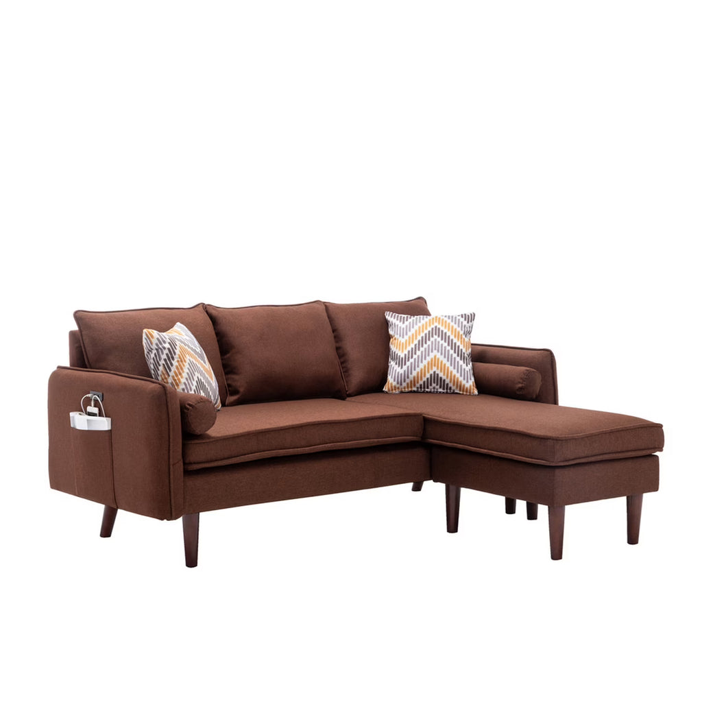 Brown Sectional Sofa Chaise with USB Charger & Pillows D292