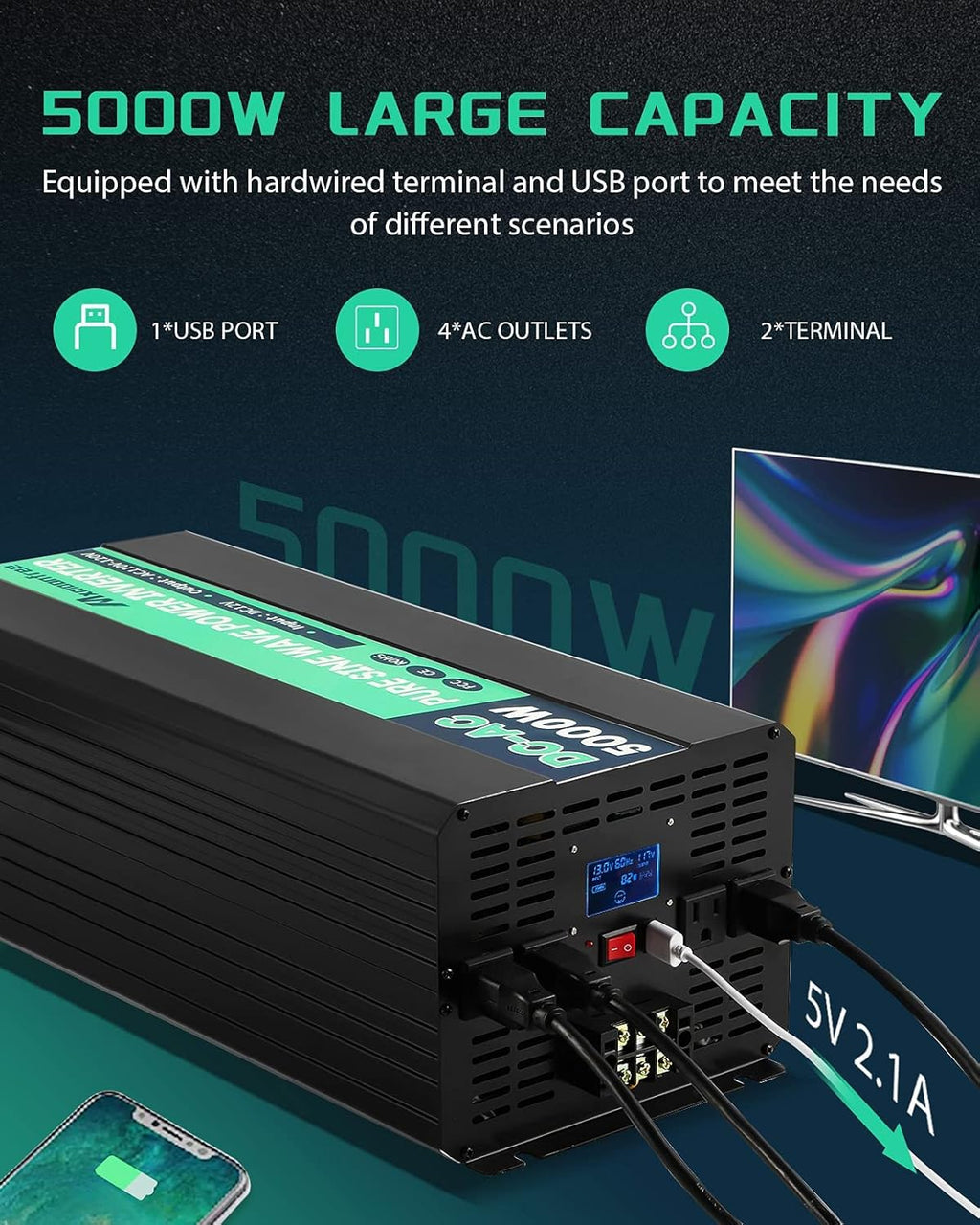 5000W Pure Sine Wave Power Inverter 12V DC to 110V AC with Wireless Remote Control LCD Display Q815