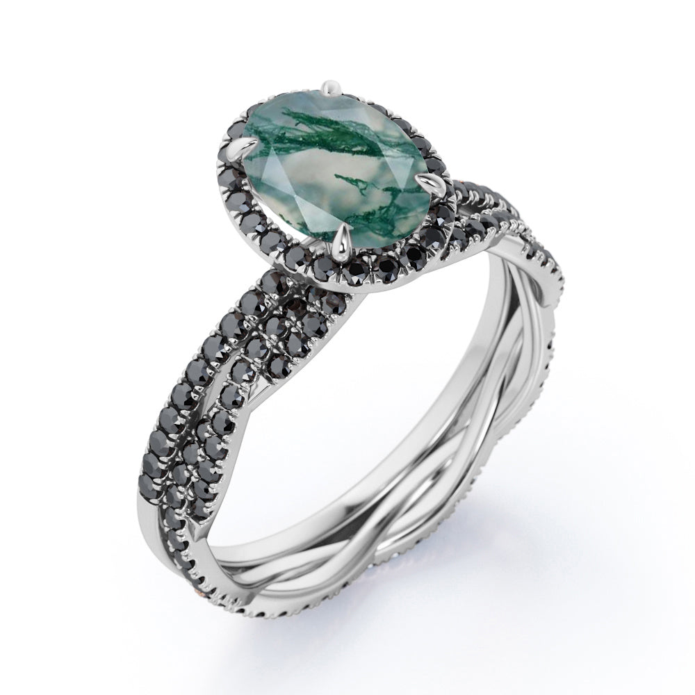 18K Gold over Silver Oval-Shaped Moss Green Agate Bridal Set J8921