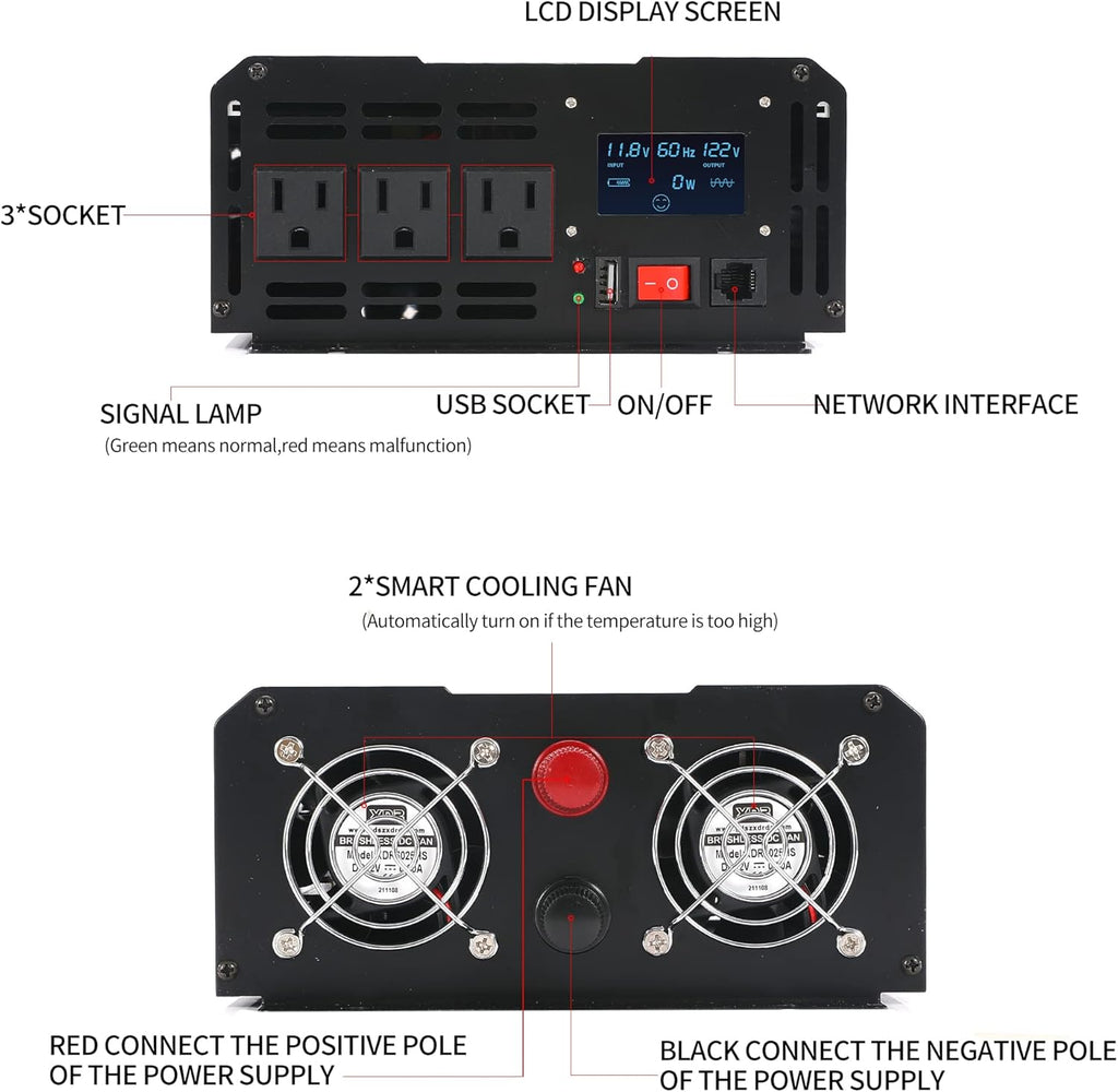 1000W Pure Sine Wave Power Inverter DC 12V to AC 120V with LCD Display Remote Control USB Port Z892564