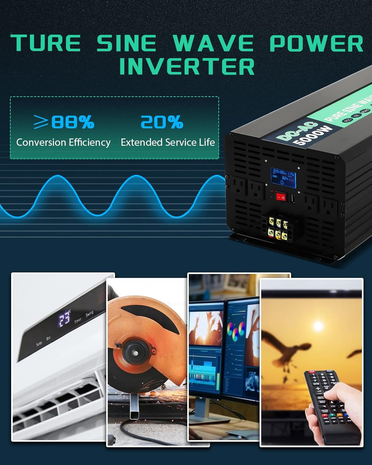5000W Pure Sine Wave Power Inverter 12V DC to 110V AC with Wireless Remote Control LCD Display Q815