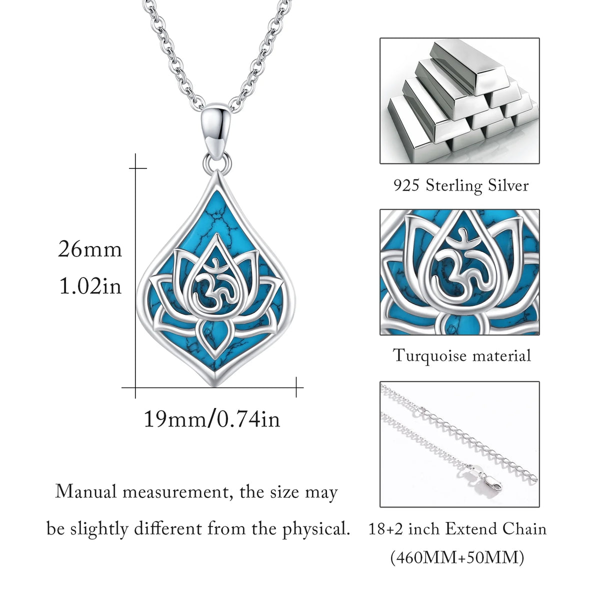 Lotus Pendant Necklace 925 Sterling Silver Turquoise Jewelry 18K White Gold Plated A718