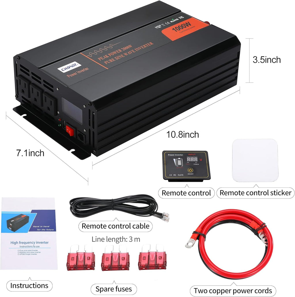 1000W Pure Sine Wave Power Inverter DC 12V to AC 120V with LCD Display Remote Control USB Port Z892564