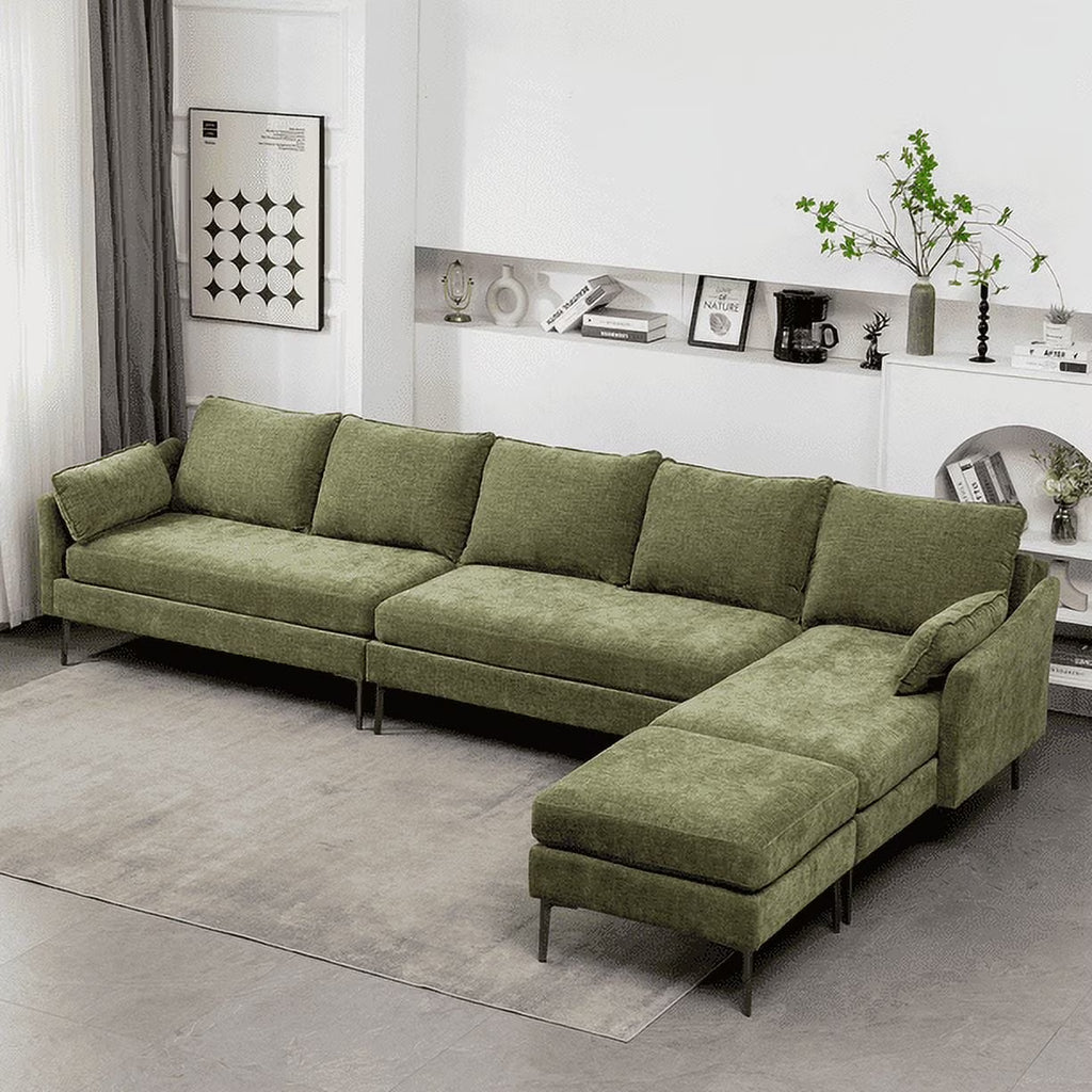 Green Chenille L Shaped Sectional Sofa with Chaise Lounge and Ottman F500052