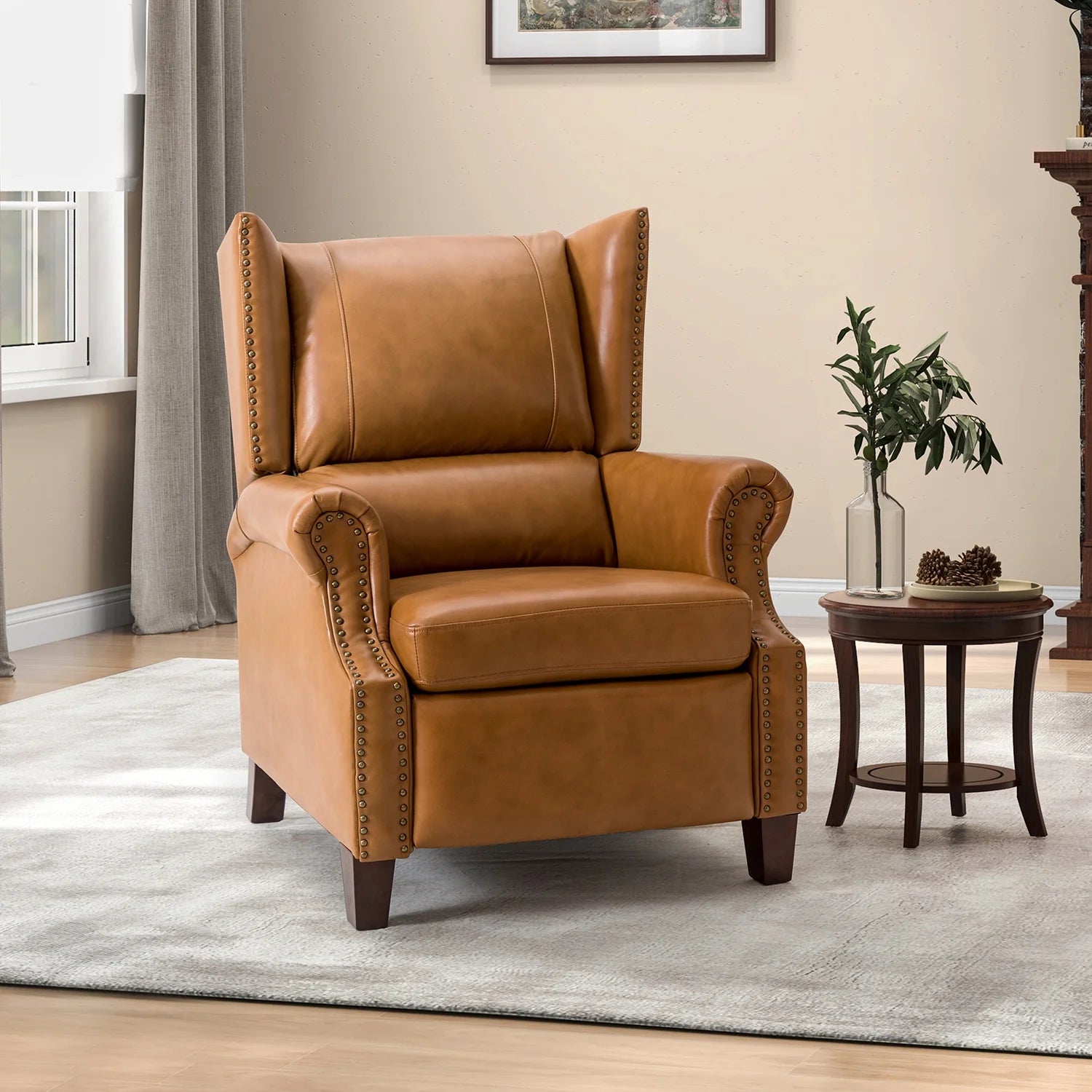 Genuine Leather Recliner with Nailhead Trims and Solid Wood Legs T753344
