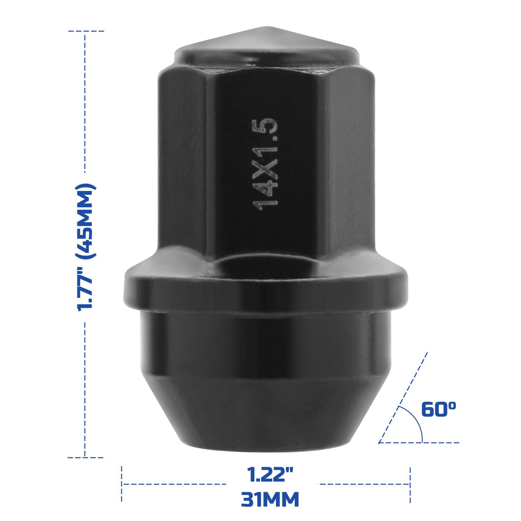 24pcs Black Cone Seat Lug Nuts M14x1.5 F191137