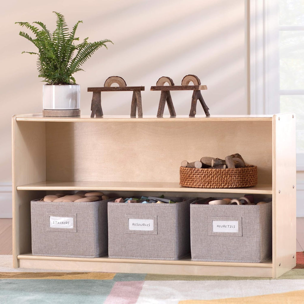 Two Shelf Open Storage 24'' Natural with 3 Fabric Bins N60104