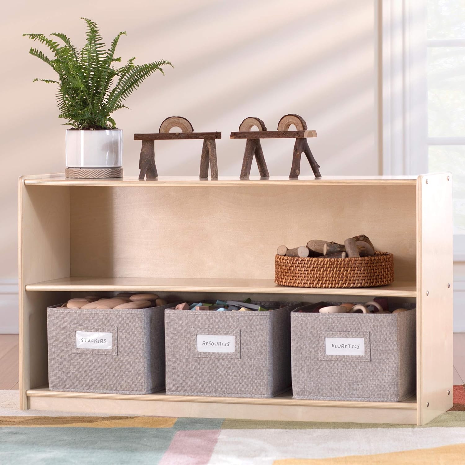 Two Shelf Open Storage 24'' Natural with 3 Fabric Bins N60104