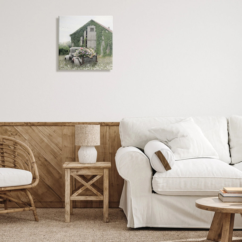 Magical Farmhouse Barn Green Vine Botanicals Flower Field, 24 x 24 J538