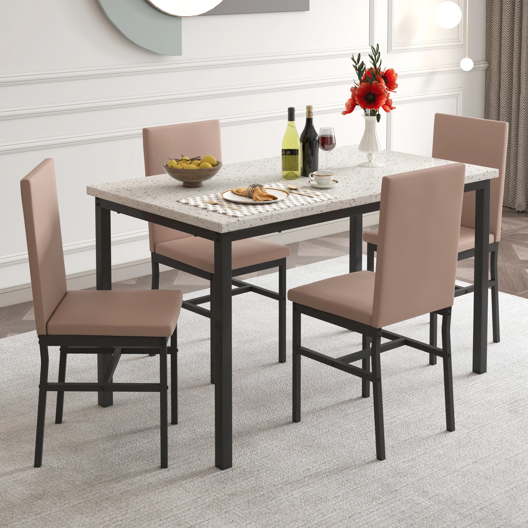 5 Piece Dining Table and Chairs Set with Faux Marble Tabletop and 4 PU Leather Upholstered Chairs Z725420