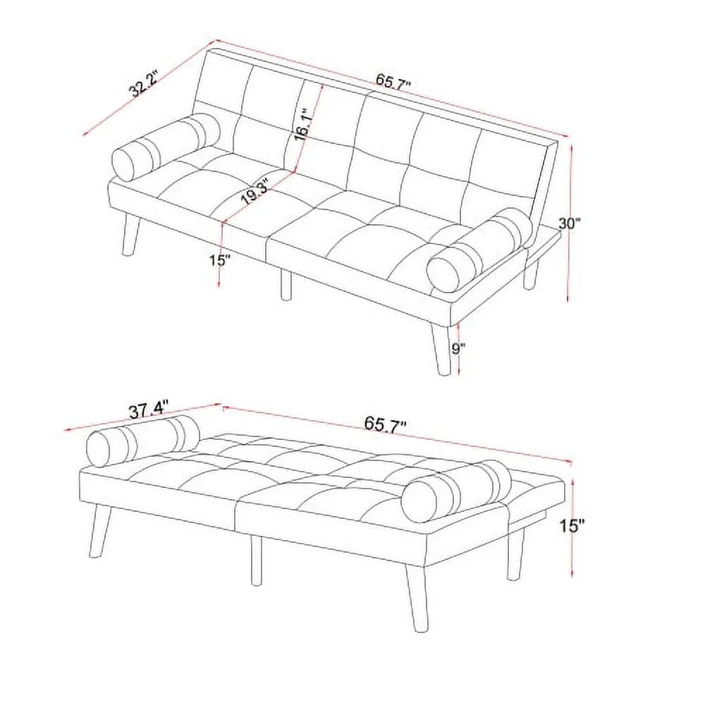 Ivory Linen Convertible Sofa Bed Futon with Solid Wood Legs W580
