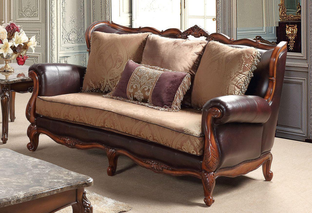 Cherry Finish Wood Pattern Fabric Sofa Set 2Pc D131