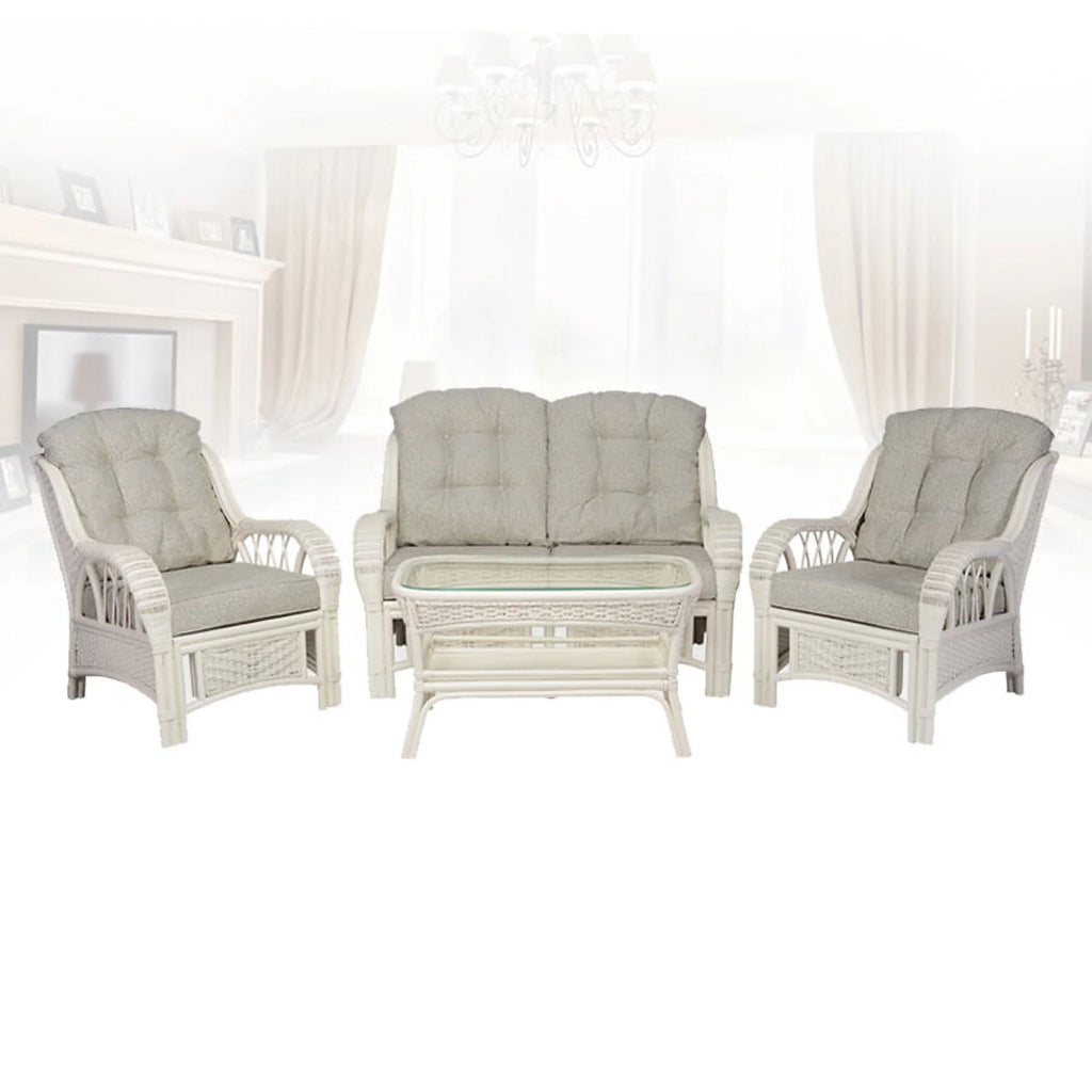 Rattan Wicker Living Room Set 4 Pieces: 2 Lounge Chair ThreeSeater/Sofa Coffee Table White Color with Cushion U3566