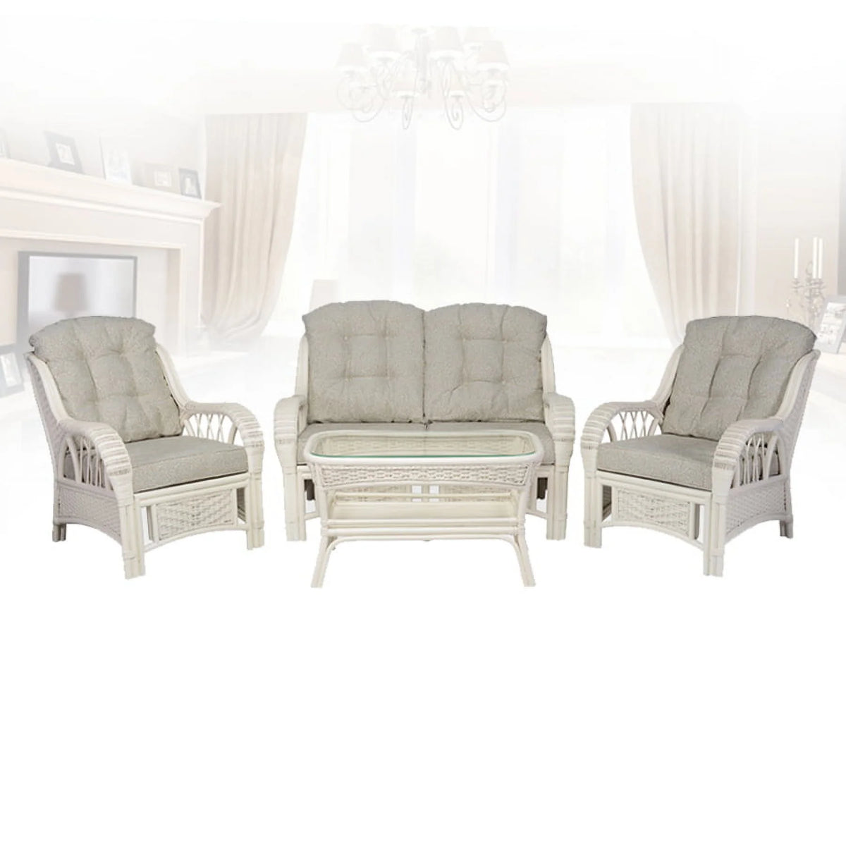 Rattan Wicker Living Room Set 4 Pieces: 2 Lounge Chair ThreeSeater/Sofa Coffee Table White Color with Cushion U3566