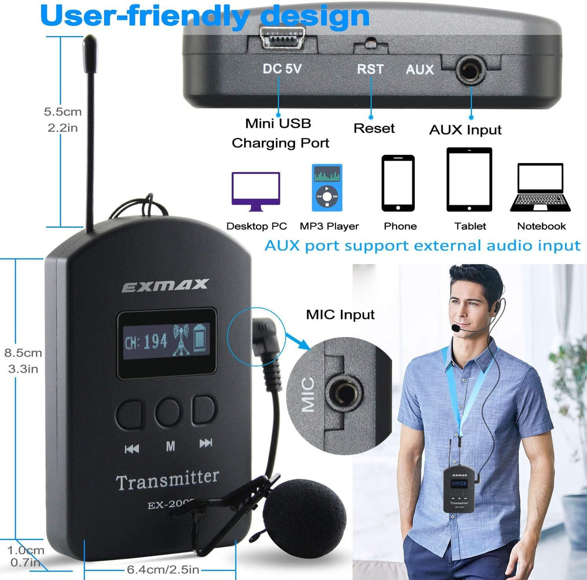 UHF Wireless Tour Guide Translation System, 200 Channels, 1 Transmitter & 10 Receivers & 16-port USB Charge Station C12099