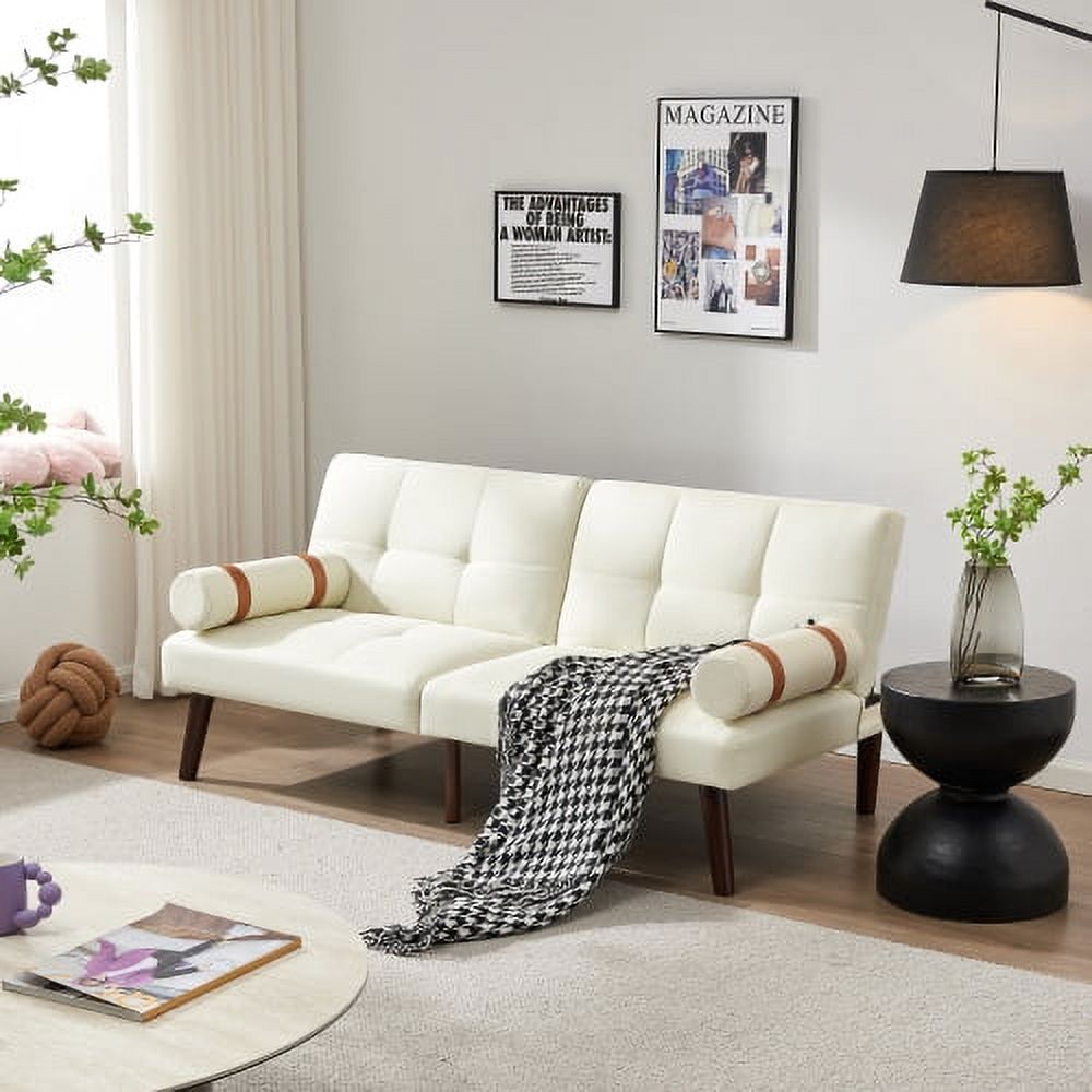 Ivory Linen Convertible Sofa Bed Futon with Solid Wood Legs W580