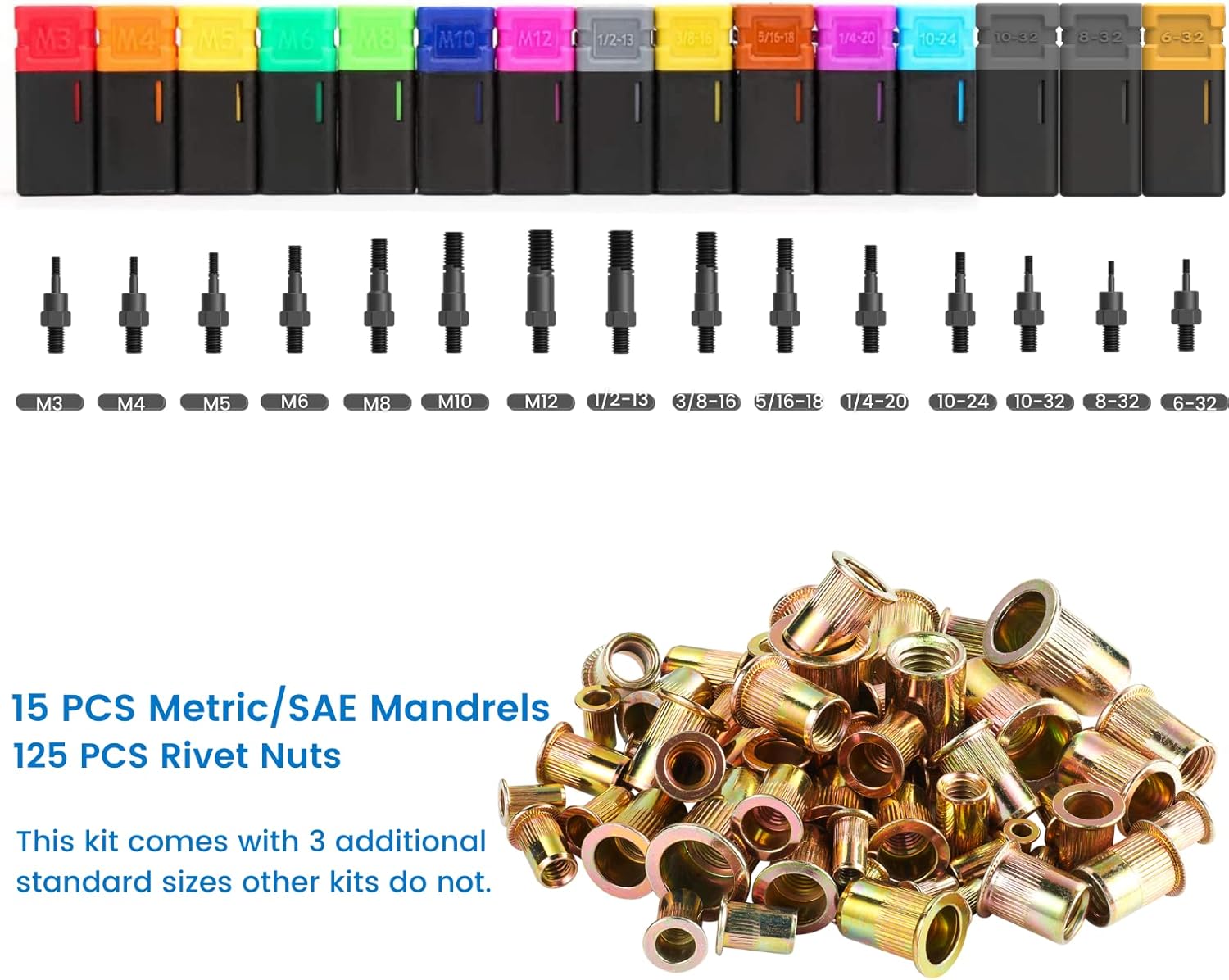 16" Rivet Nut Tool Kit with 15 PCS Mandrels and 125 PCS Rivet Nuts A4482