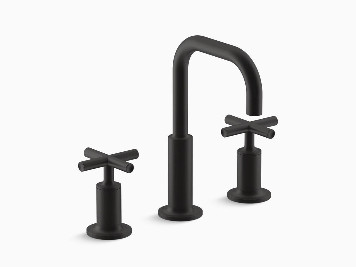 Matte Black Widespread Bathroom Sink Faucet with Low Cross Handles and Low Gooseneck Spout C188