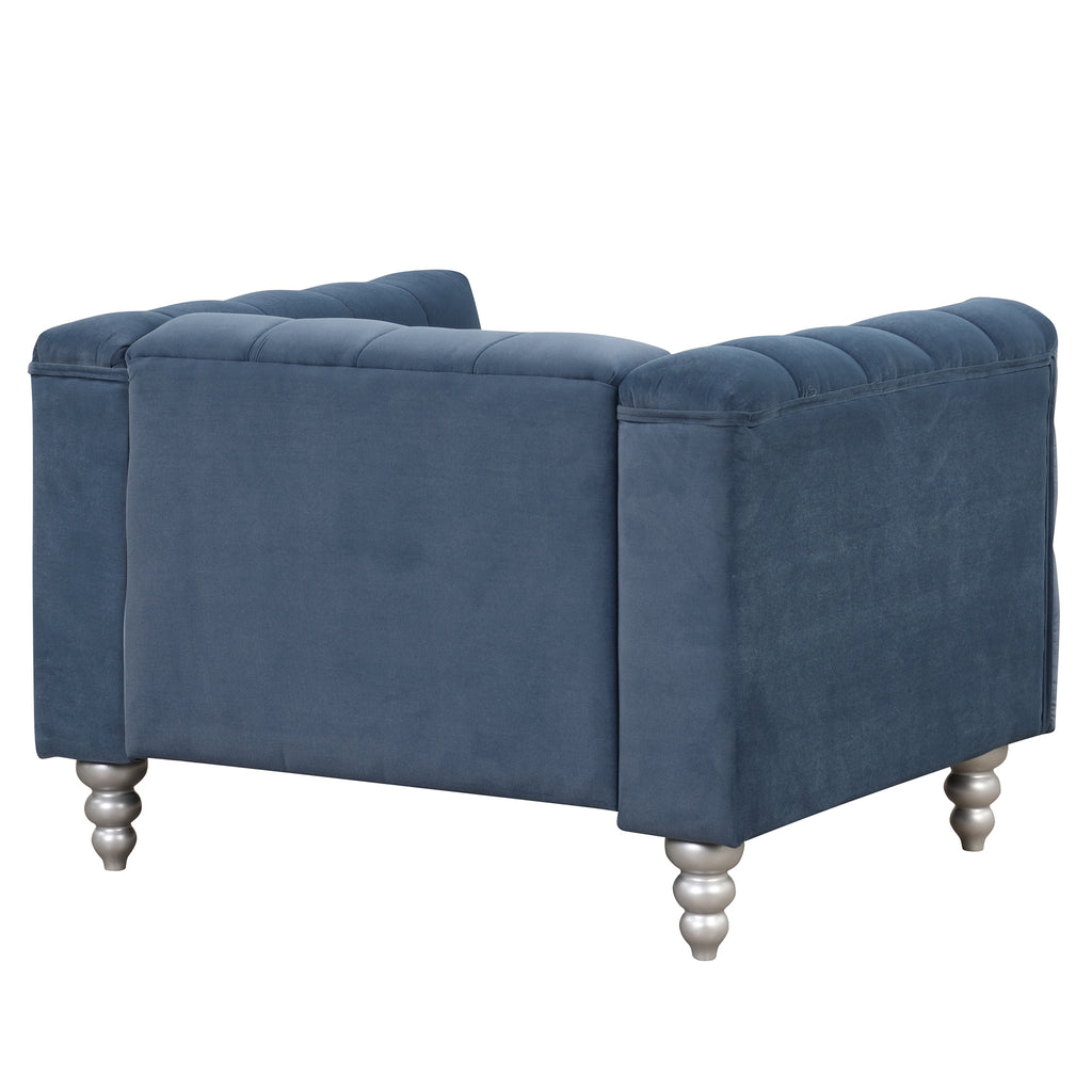 Blue Buttoned Tufted Sofa with Solid Wood Legs G79277