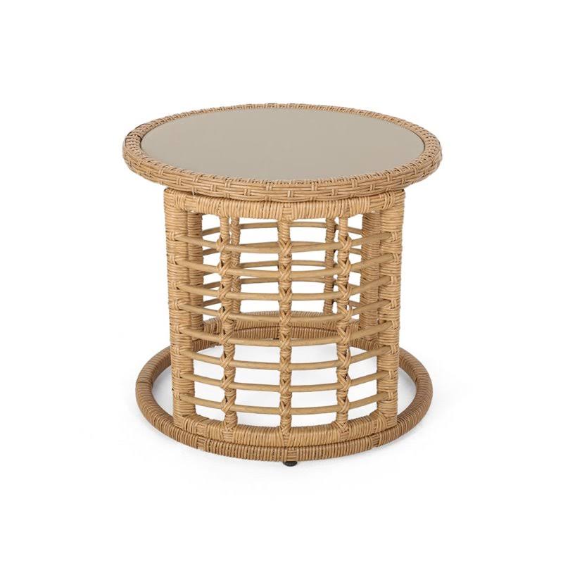 Tempered Glass Top Wicker Side Table in Light Brown B1941