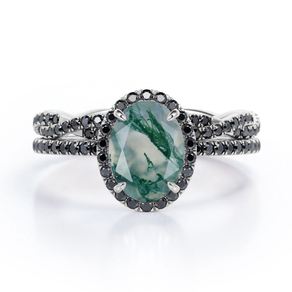 18K Gold over Silver Oval-Shaped Moss Green Agate Bridal Set J8921