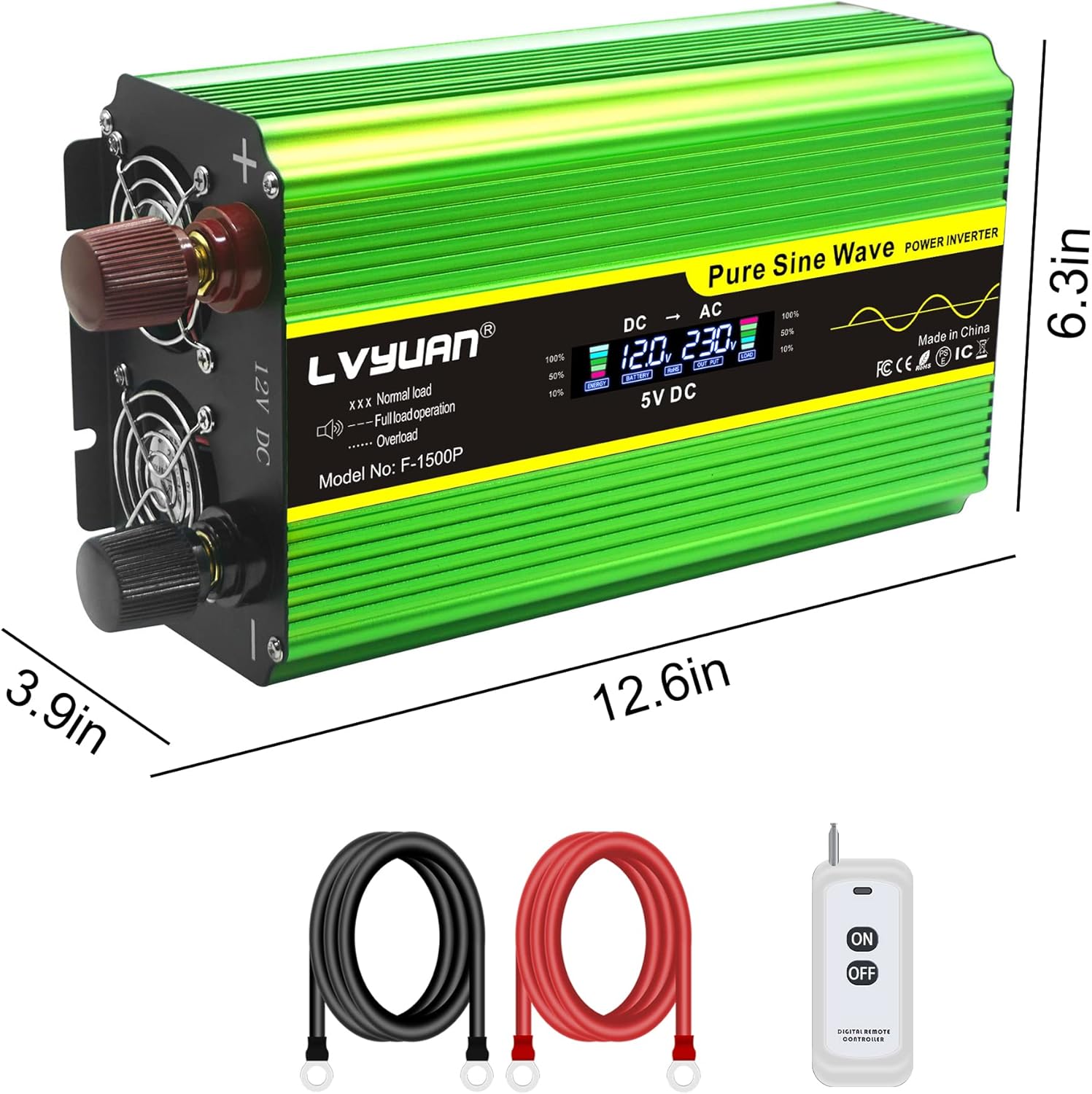 Pure Sine Wave Inverter 500 Watts 12V to 110V DC to AC with Dual AC Sockets and Dual USB Ports H695