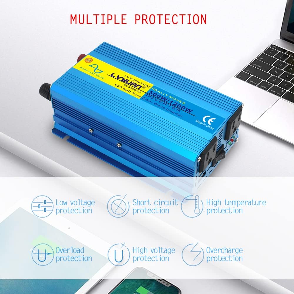 Pure Sine Wave Inverter 500 Watts 12V to 110V DC to AC with Dual AC Sockets and Dual USB Ports H695