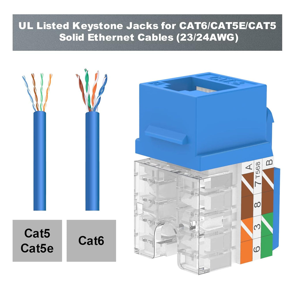 50-Pack RJ45 Cat6 90-Degree Keystone Jack Insert with Punch Down Stand Tool and Wire Stripper Cutter O370180