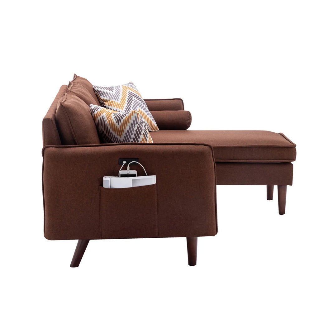 Brown Sectional Sofa Chaise with USB Charger & Pillows D292