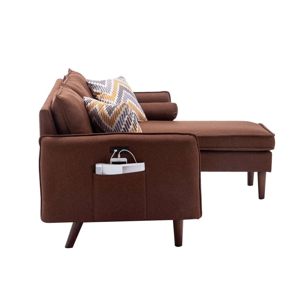 Brown Sectional Sofa Chaise with USB Charger & Pillows D292