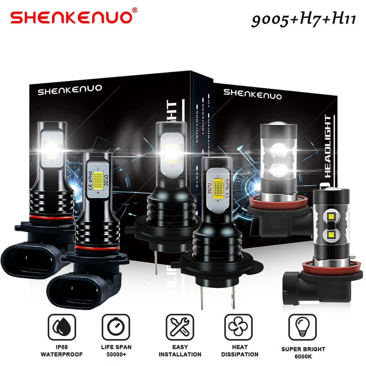 9005 H7 LED Headlight Bulbs H11 Fog Lights White 6000K W909545