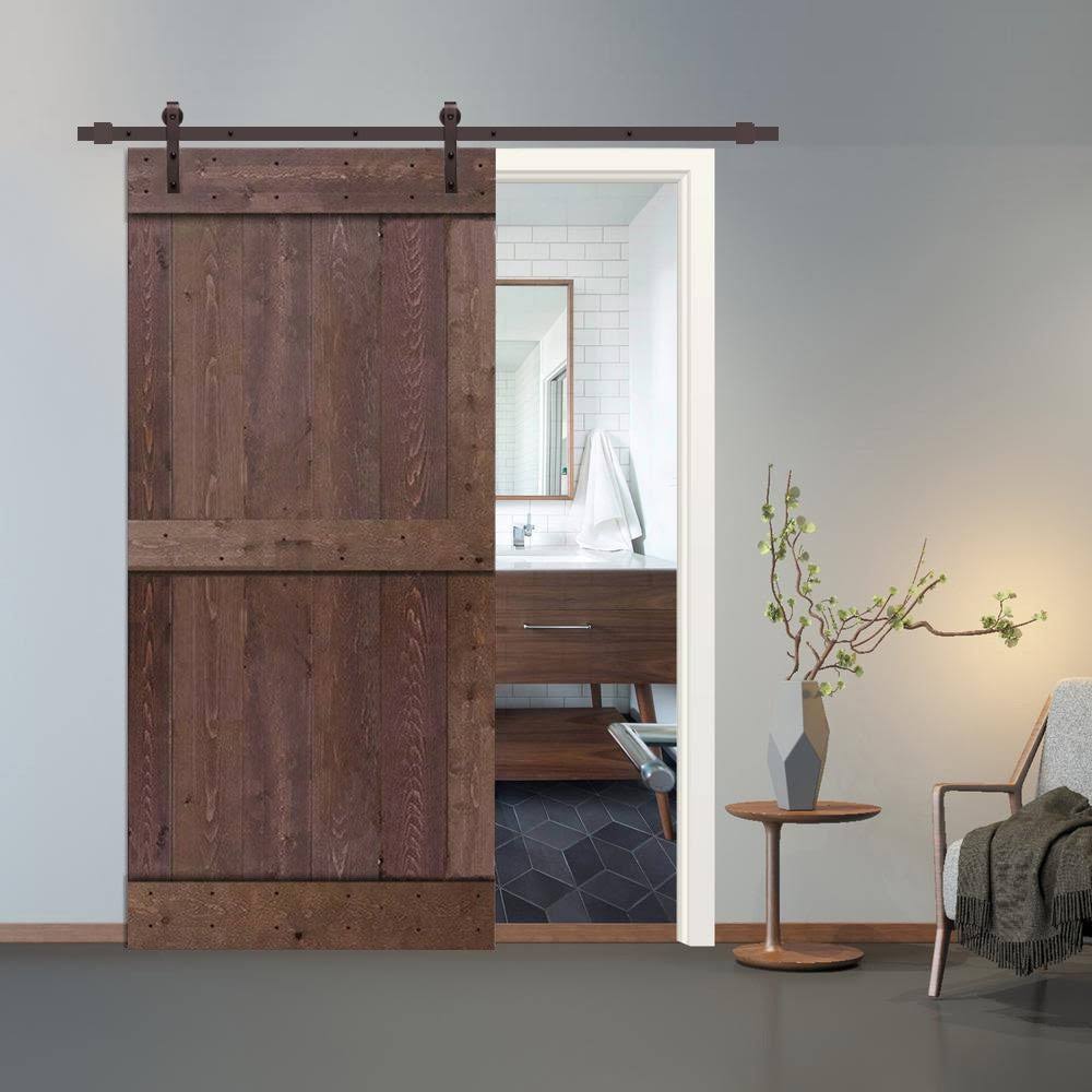 Walnut Stained Knotty Pine Wood Interior Sliding Barn Door with Hardware Kit O935944